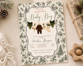 Tis the Season Baby Boy Christmas Shower Invitation, Editable Holiday Template (Digital Download)