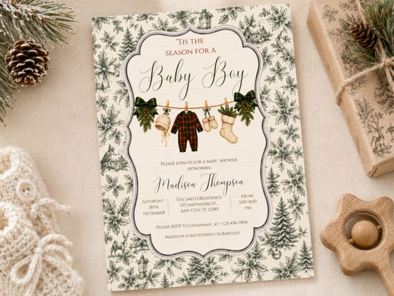 Christmas Baby Shower Invitation Template, Tis the Season for a Baby Boy Invite, Editable Canva Template, Winter Baby Shower