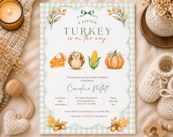 Little Turkey Baby Shower Invitation, Thanksgiving Girl Invite, Editable Canva Template (Digital Download)