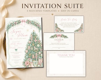 Sugar Plum Baby Shower Invitation Suite, Nutcracker Girl, Christmas Theme (Canva Template)