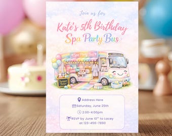 Spa Party Bus Geburtstagseinladungsvorlage, Pastellregenbogen-Spa-Party einladen, Mädchen-Spa-Geburtstag, bearbeitbare Canva 5x7 & Mobile Invite