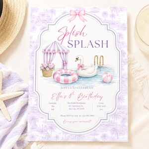 May include: A rectangular invitation card featuring a light purple toile pattern background with a central frame containing the text Splish Splash, Ella's 8th Birthday, and event details. The illustration shows a pool, swan float, and cabana.