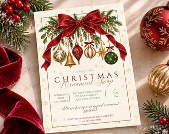 Invitation pour un échange de décorations de Noël, invitation pour une fête d'échange de décorations bordeaux,