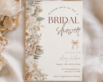 Invitación floral para despedida de soltera / Plantilla editable en Canva / Invitación imprimible y para móvil / Descarga digital / Estilo boho neutro