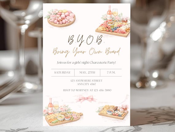 Bring Your Own Board Invite, Charcuterie Party Invitation, Girls Night Wine & Cheese, Editable Canva Template, BYOB Party