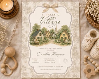 Invitation vintage pour une fête prénatale sur le thème d'un village de contes de fées, modèle Canva modifiable (téléchargement numérique)