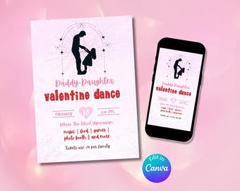 Daddy Daughter Valentine Dance Invite | Editable Sweetheart Dance Invitation | Printable & Mobile Canva Template
