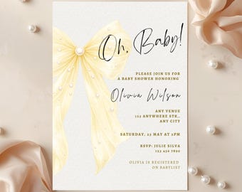 Pastel Yellow Bow Baby Shower Invitation Template, Gender Neutral Invite (Digital Download)