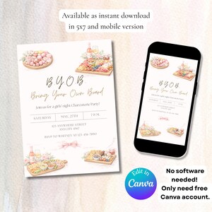 May include: A digital invitation for a BYOB (Bring Your Own Board) charcuterie party. The design features watercolor illustrations of food platters, wine, and text. The invitation is available in 5x7 and mobile versions. Edit in Canva.