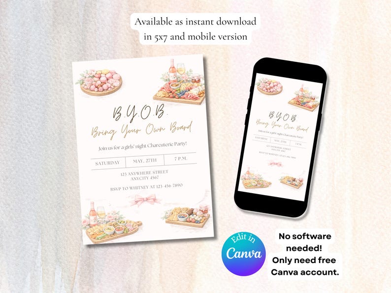 May include: A digital invitation for a BYOB (Bring Your Own Board) charcuterie party. The design features watercolor illustrations of food platters, wine, and text. The invitation is available in 5x7 and mobile versions. Edit in Canva.