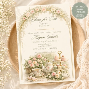 Könnte beinhalten: Eine Einladung zu einer Teeparty mit Blumenarrangements und einem mehrstöckigen Dessertständer. Der Text lautet "Time for Tea" und lädt Gäste ein, Megan Smith zu ehren. Das Design umfasst eine Teekanne, eine Tasse und herzförmige Kekse.