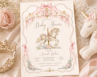 Vintage Carousel Horse Invitation, Pink Girl Baby Shower Canva Template (Digital Download)