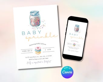 Gender Neutral Baby Sprinkle Einladung | Bearbeitbare Babypartyeinladung | Printable & Mobile Canva Vorlage | Digitale Babystreu Evite