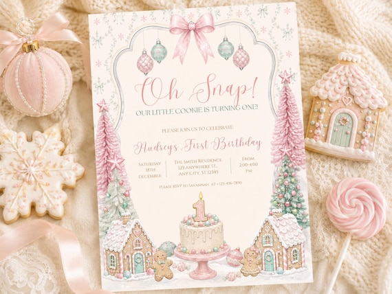 Gingerbread First Birthday Invitation, Christmas Cookie Sweet One Invite (Digital Download)