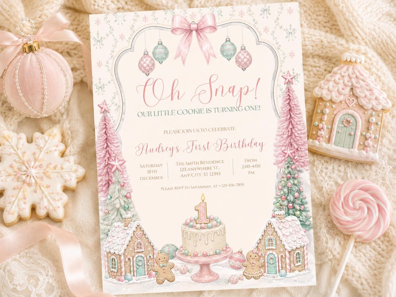 May include: A rectangular birthday invitation card featuring a pink bow, hanging ornaments, gingerbread houses, pink Christmas trees, and a cake with a number one candle. The text reads: Oh Snap! Our Little Cookie Is Turning One! Audrey's First Birthday.