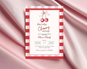 Sie ist die Kirsche Babypartyeinladung | Bearbeitbare Canva Vorlage | Kirschen Baby einladen | Printable & Mobile Digital Download