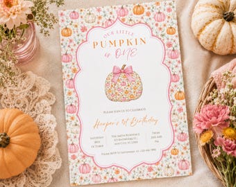 Invitation pour le premier anniversaire de Little Pumpkin, modèle floral preppy rose d'automne (téléchargement numérique)