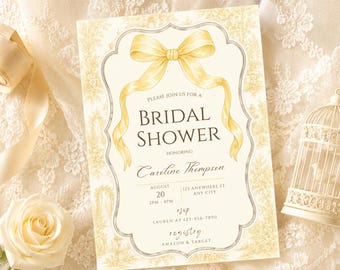 Modèle d'invitation pour une fête prénuptiale sur le thème de la toile de Jouy jaune, élégante garden-party (téléchargement numérique)