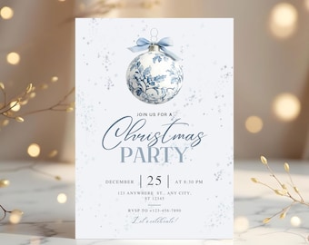 May include: A Christmas party invitation with a blue and white floral ornament design. The invitation includes the text "Join us for a Christmas Party" and event details. The invitation is on a white background with a light blue watercolor effect.