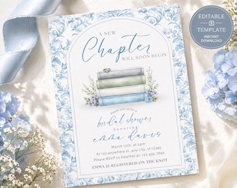 A New Chapter Bridal Shower Invite | Blue Floral Book Theme Invitation | Editable Canva Template | Printable & Mobile Digital Download