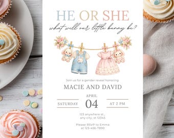 Hase Gender Reveal Einladungsvorlage, Ostern Gender Reveal einladen, Hase ist unterwegs, rosa oder blau Reveal, bearbeitbare Canva