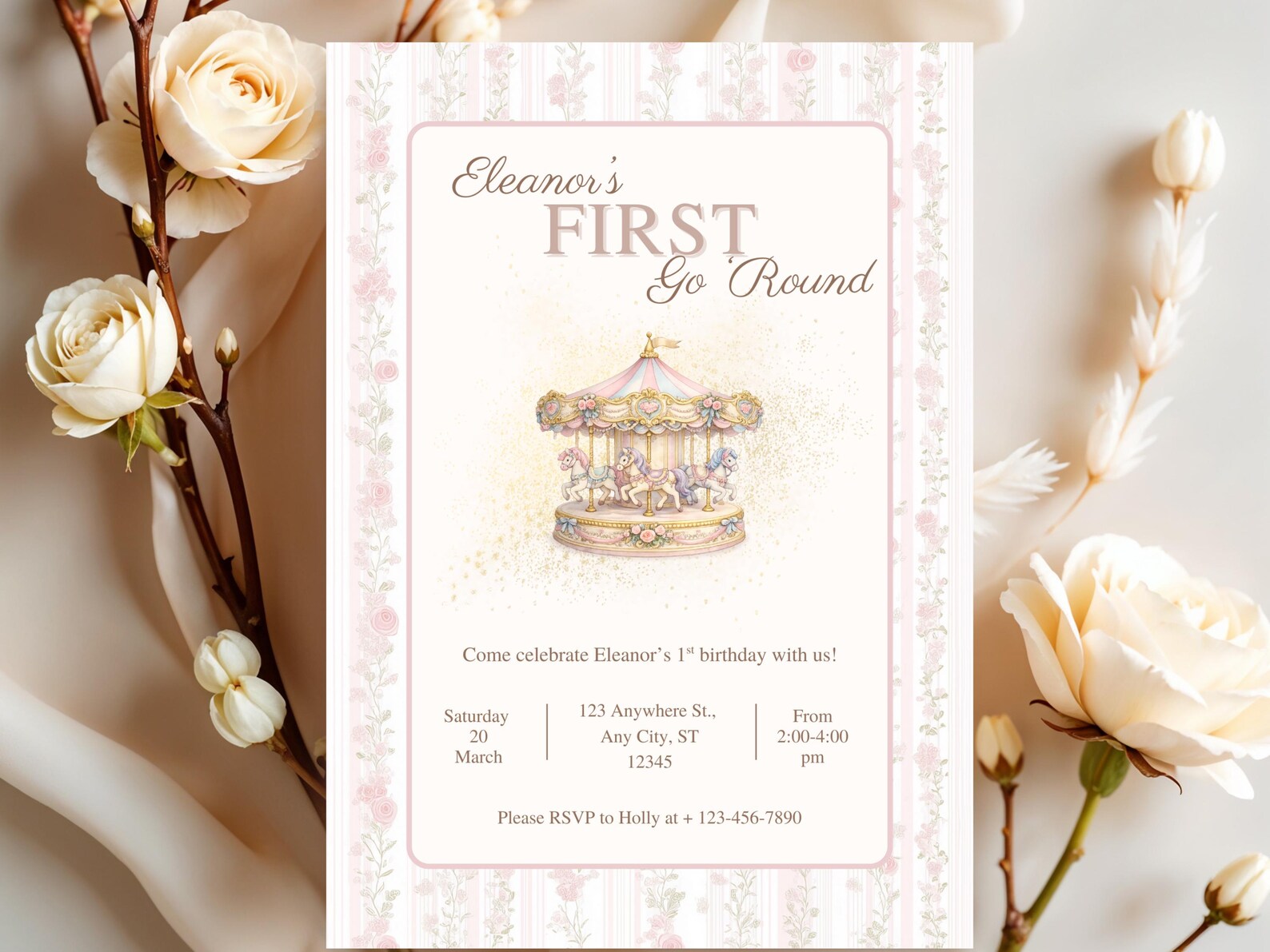 Her First Go ’round 1st Birthday Invite | Carousel Birthday Invitation ...