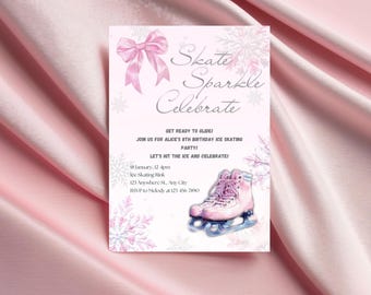 Skate Sparkle Celebrate Birthday Invite | Ice Skating Party Invitation | Girl Skate Birthday | Editable Canva Template