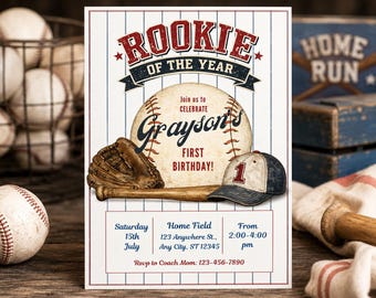 Rookie of the Year First Birthday Invitation, Vintage Baseball Theme, Editable Canva Template (Digital Download)