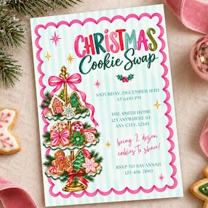 May include: A rectangular Christmas Cookie Swap invitation card with a scalloped pink border and light blue stripes. It features a three-tiered gold stand filled with cookies, gingerbread, and pine branches, with text detailing the event date, time, location, and RSVP information.