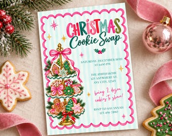 Invitation pour un échange de biscuits de Noël roses, fête de pâtisserie des fêtes (modèle numérique)