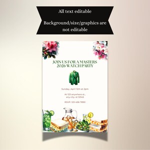 May include: A white invitation with the text "JOIN US FOR A MASTERS 2026 WATCH PARTY" and a green jacket graphic. The invitation includes event details: Sunday, April 12th at 2pm, and an RSVP number. Floral accents and watercolor food illustrations complete the design.