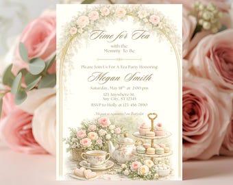Zeit für Tee-Babyparty-Einladung | Tee-Party-Mama zum Einladen | Blumen Tee Babyparty | Druckbare & bearbeitbare Canva Einladung