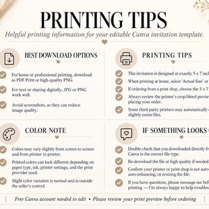 May include: An informational graphic titled PRINTING TIPS for an editable Canva invitation template. It includes sections for Best Download Options, Printing Tips, Color Note, and If Something Looks Off, with bulleted instructions in English.