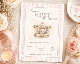 May include: A pink and white invitation card with the text "Eleanor's FIRST Go Round" and a carousel illustration. The card includes event details and RSVP information, with floral and striped borders. The invitation is for a first birthday.