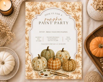 Invitation pour une fête de peinture de citrouilles d'automne, modèle Canva modifiable (téléchargement numérique)