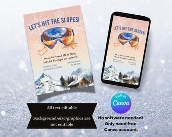 Inbjudan till "Let's Gee The Backs" • Inbjudan till skidfödelsedagsfest • Vinterskidtema • Redigerbar canvas • Utskrivbar och digital nedladdning för mobil