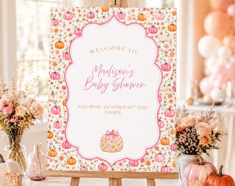 Pink Pumpkin Baby Shower Welcome Sign, Fall Girl Shower Decor (Editable Canva Template)