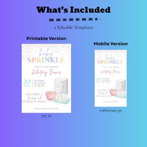 Peut inclure: Mod&egrave;les num&eacute;riques d'invitation &agrave; une baby shower avec le texte "baby SPRINKLE". Comprend une version imprimable (12,7x17,8 cm) et une version mobile (1080x1920 px). Le design pr&eacute;sente des couleurs pastel et des illustrations de couches et de lingettes.