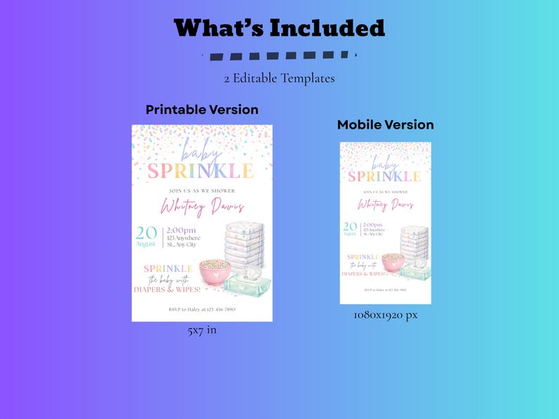 Peut inclure: Mod&egrave;les num&eacute;riques d'invitation &agrave; une baby shower avec le texte "baby SPRINKLE". Comprend une version imprimable (12,7x17,8 cm) et une version mobile (1080x1920 px). Le design pr&eacute;sente des couleurs pastel et des illustrations de couches et de lingettes.