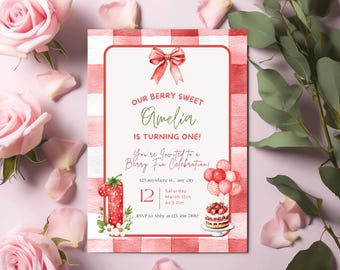 Berry Sweet First Birthday Invite | Strawberry Theme Party Invitation | Editable Canva Template