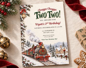 Invitation pour le deuxième anniversaire sur le thème du train de Noël, fête « Tchou Tchou Deux Deux ».