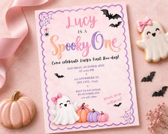 Spooky One First Birthday Invitation, Pink Halloween Birthday Invite for Girl