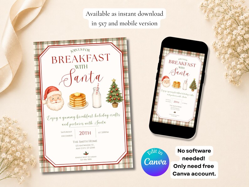 Mall för frukost med jultomten, julinbjudan i akvarell (digital nedladdning) bild 2