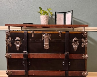 Antique Steamer Trunk Coffee Table, Entry Table With Hairpin Leg Stand, Glass Top Oak Frame, Restored, One of a Kind