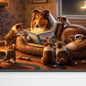 Rough Collie lezen voor puppy's canvas muurkunst, hondenliefhebber cadeau, huisdierportret (verzending in het VK of Europa)