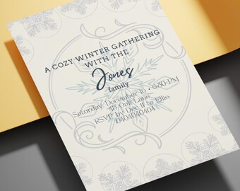 May include: A cream-colored invitation with a winter theme. The text reads "A Cozy Winter Gathering with the Jones family." Details include date, time, and RSVP information. Snowflake and floral design elements are present.