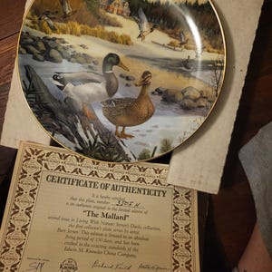 May include: A decorative plate featuring a detailed painting of mallard ducks in a natural landscape. The plate has a gold rim and is accompanied by a certificate of authenticity. The artwork depicts ducks near a body of water with a house in the background.
