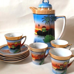 Juego de chocolatera antigua japonesa de loza brillante de la década de 1920