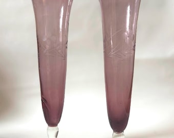 VINTAGE Pair of Amethyst Glass Bud Vases - 9" Etched Trumpet Vases