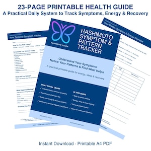 Peut inclure: Un guide de santé imprimable de 23 pages intitulé Hashimoto Symptom & Pattern Tracker. Le document présente un schéma de couleurs bleu et blanc avec un logo papillon, incluant des sections pour suivre les symptômes, l'énergie et le sommeil.
